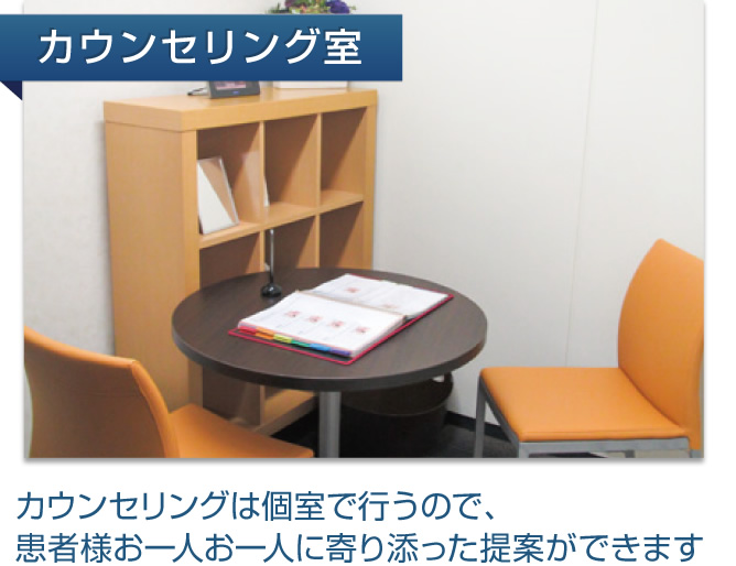 カウンセリングは個室で行うので、患者様お一人お一人に寄り添った提案ができます
