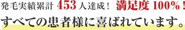 発毛実績累計453人達成！満足度100％！全ての患者様に喜ばれております。